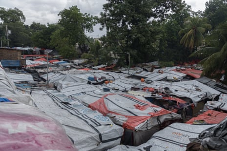 Makeshift shelters covered with tarps in Port-au-Prince, Haiti.