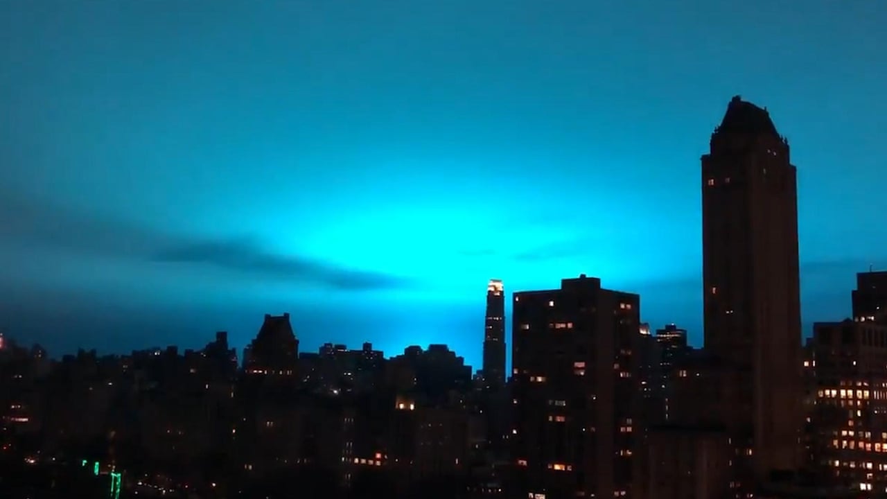 Bright Sky At Night Power Plant Explosion Turns New York City Horizon Blue Video Global The Guardian