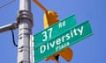 Diversity Plaza street sign, Jackson Heights, Queens, New York, USA<br>2FN2AXK Diversity Plaza street sign, Jackson Heights, Queens, New York, USA lr1