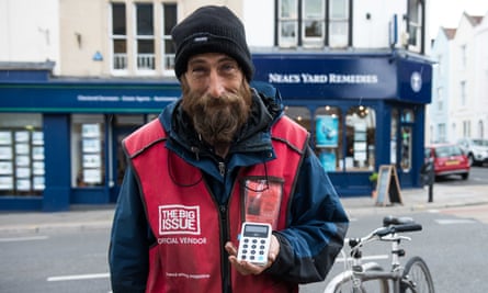 Big Issue vendor, Kris Owen, with his new iZettle card reader.
