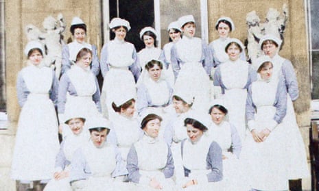 Colourised photo of nurses on the terrace at Wrest Park in 1915. 
