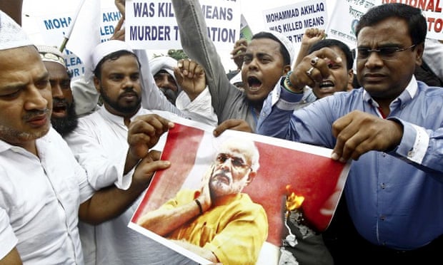 Protestors after the murder of a Muslim who was beaten to death for allegedly eating beef.