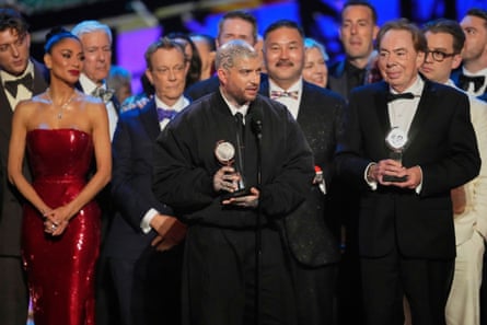 Jamie Lloyd, centre (with Nicole Scherzinger, left and Andrew Lloyd Webber, right), accepts the award for best revival of a musical for Sunset Boulevard at the Tony awards this month.