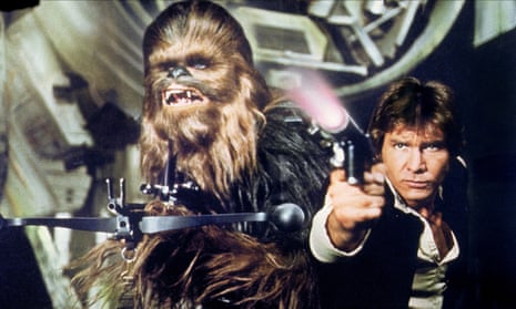 Top team … Peter Mayhew, left, with Harrison Ford in 1977’s Star Wars.
