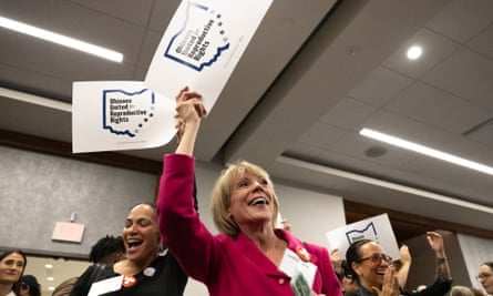 Abortion rights supporters in Columbus celebrate winning the referendum on a measure to enshrine a right to abortion in Ohio’s constitution on 7 November 2023. Reproductive rights could be a key vote winner for Democrats.