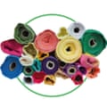 Rolls of fabric cut-out inside green-rimmed circle