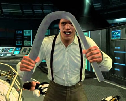 Screengrab of man with silver teeth implants bending a metal rod