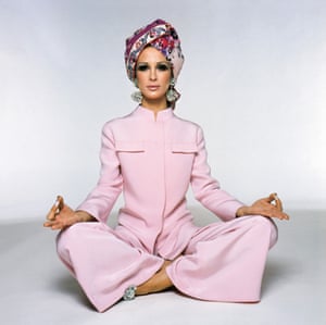 A model in palazzo pyjamas and a printed silk turban embroidered with Swarovski crystals, from the Pucci autumn/winter 1969 collection.