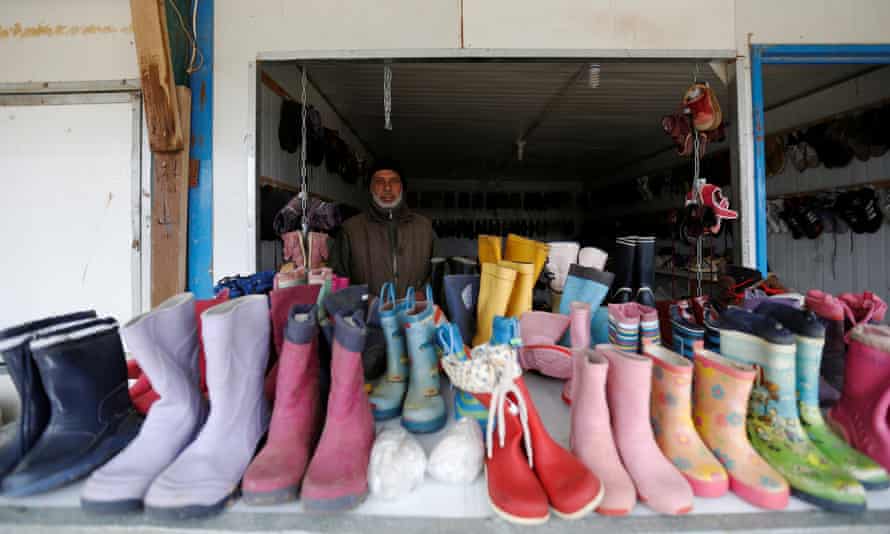 A shoe seller in the Zaatari refugee camp.