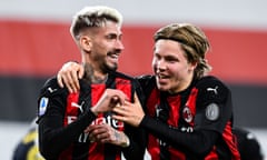 Milan’s Samu Castillejo (left) celebrates with his team-mate Jens Hauge after scoring against Sampdoria.