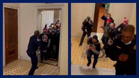 Pro-Trump mob chases lone Black police officer up stairs in Capitol – video