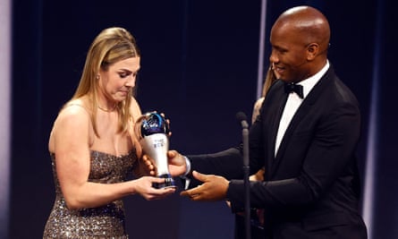 Manchester United’s Mary Earps receives the Best Women’s Goalkeeper award from Didier Drogba at the Best FIFA Football Awards, February 2023