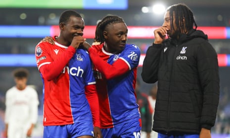 Crystal Palace’s Tyrick Mitchell (left), Eberechi Eze (centre) and Michael Olise.