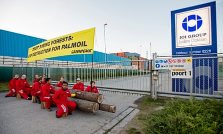 Greenpeace activists close off access for all imports and exports from palm oil trader IOI in the harbour of Rotterdam.