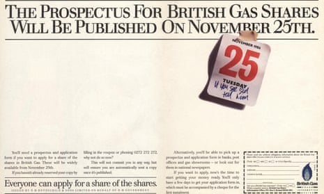 A 1980s newspaper advert saying 'The prospectus for British Gas shares will be published on November 25th', with a calendar annotated with the note 'If you see Sid, tell him