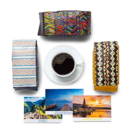 a collage with a cup of coffee bags and postcards