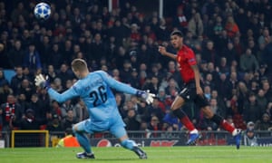 Manchester United's Marcus Rashford shoots over the bar.