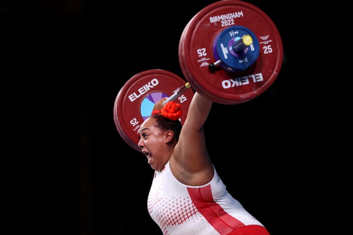 England’s Emily Campbell of performs during the snatch section of the women’s 87+kg final.