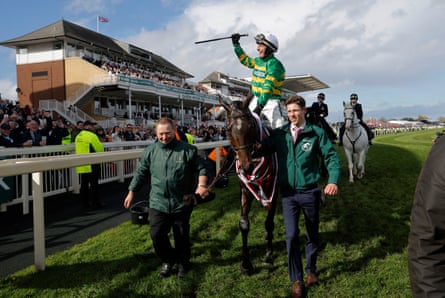 Paul Townend celebrates in front of the crowd after his winning ride.