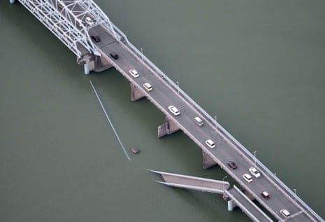 This aerial image shows a partially collapsed bridge after the earthquake in Yatsushiro, Kumamoto Prefecture, on Tuesday, July 28, 2026.