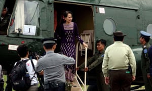 Aung San Suu Kyi arrives back from Maungdaw town to Sittwe Airport in Rakhine state during her one-day surprise visit to the region.