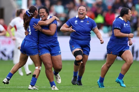 Samoa players show their delight after scoring their first points at a Women’s Rugby World Cup – against the host nation, England, at Franklin’s Gardens on 30 August
