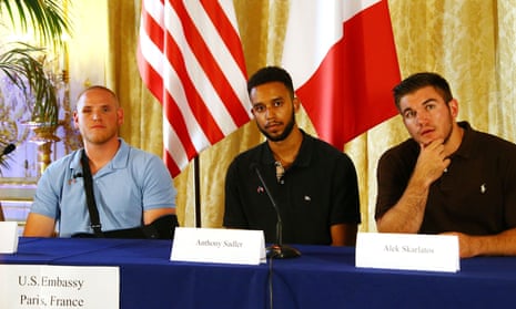 Spencer Stone, Anthony Sadler and Alek Skarlatos give a press conference at US ambassador residence.