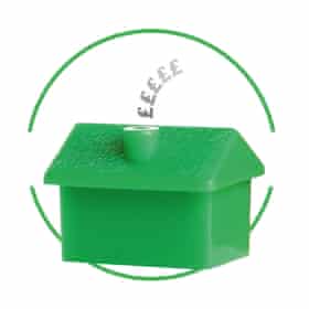 Tiny green house cut-out inside green-rimmed circle