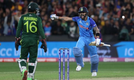 Virat Kohli wheels away as the match is won