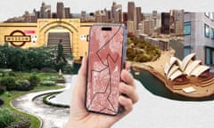 Composite of a phone being used for a walking tour.