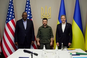 Kyiv, Ukraine. President Volodymyr Zelenskiy with the US secretary of state, Antony Blinken, and US defence secretary, Lloyd Austin, before a meeting