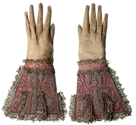 A pair of gloves made of kid leather and pink silk said to have been worn by Charles I at his execution.