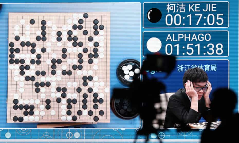 A screen at the Future of Go summit in Wuzhen, China, keeps score during the match between Chinese player Ke Jie and Google’s AI AlphaGo.