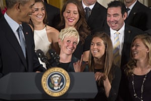 Barack Obama jokes with Megan Rapinoe during an event honouring members of the 2015 Women’s World Cup winners at the White House.