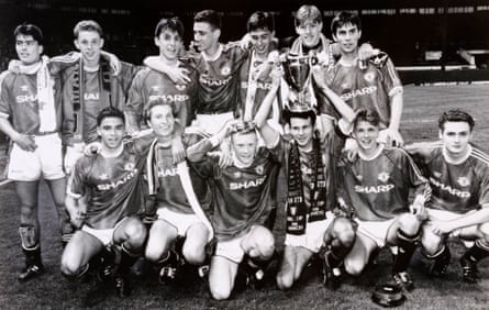 Ben Thornley, back row far left, celebrates Manchester United’s FA Youth Cup win of 1992 with, among others, Nicky Butt, Gary Neville, Keith Gillespie, Robbie Savage, Ryan Giggs and David Beckham.