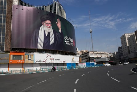 A billboard showing a portrait of the late Iranian supreme leader Ayatollah Ali Khamenei