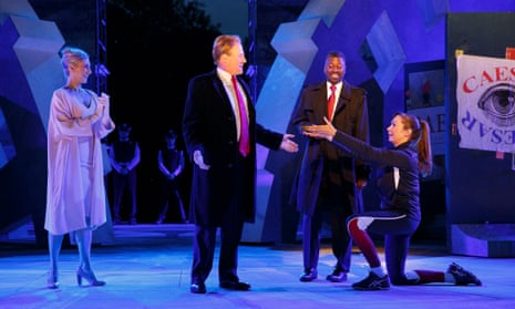 Tina Benko, left, portrays Melania Trump in the role of Caesar’s wife, Calpurnia, and Gregg Henry, center left, portrays President Donald Trump in the role of Julius Caesar during a dress rehearsal of The Public Theater’s Free Shakespeare in the Park production of Julius Caesar in New York.