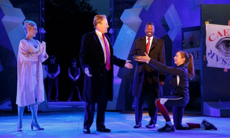 Gregg Henry, centre, portrays Trump in the role of Julius Caesar, a characterisation that has drawn criticism from rightwingers.