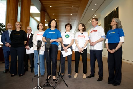 Crossbench members including (L-R) David Pocock, Zali Steggall, Andrew Wilkie, Sophie Scamps, Monique Ryan, Kate Chaney, Allegra Spender, Andrew Gee and Nicolette Boele addressing the media on the gambling ads reform bill last week.