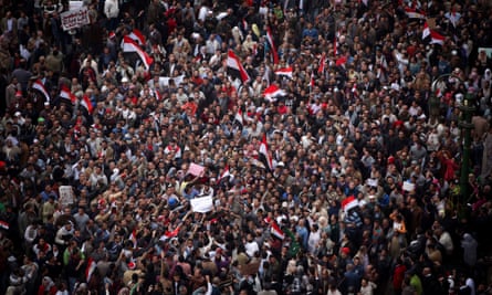 Demonstrators in                          Tahrir Square, February 2011. Critics say siting                          antiquities there will erase its recent history                          as a focal point for protests.