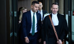 Alex Greenwich (left) leaves the Federal Court of Australia in Sydney, Wednesday, May 22, 2024.