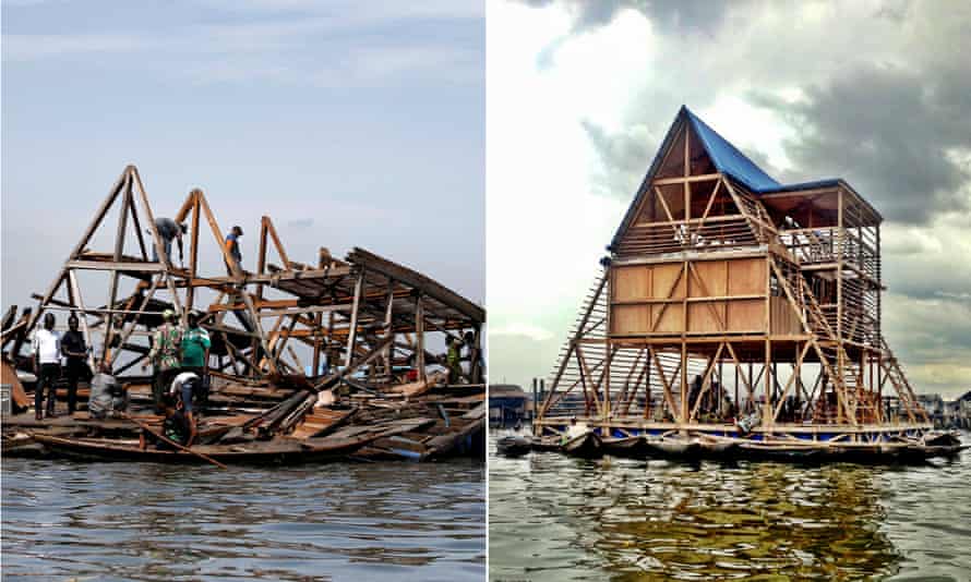 Local residents work to dismantle the Makoko floating school after it collapsed