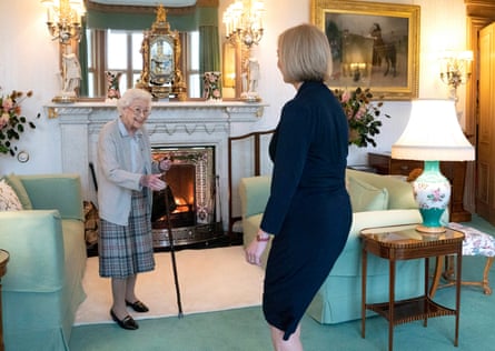Queen Elizabeth II welcomes Liz Truss during an audience at at Balmoral, Scotland