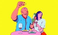 Illustration showing a pretentious male restaurant diner clicking his fingers and holding an empty wine bottle
