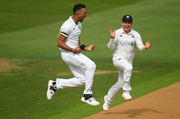Ajeet Singh-Dale celebrates after claiming the wicket of Somerset captain Tom Abell.