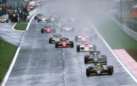 Ayrton Senna leads in the Lotus-Renault at Estoril in 1985.