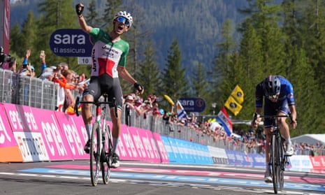 Italy's Filippo Zana celebrates defeating Thibaut Pinot on stage 18 at the Giro d'Italia.