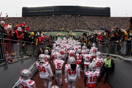 Ohio State players emerge from the tunnel before facing arch-rivals Michigan at the Big House in November 2025.