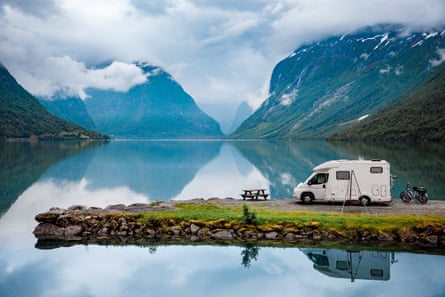 Family vacation travel RV, holiday trip in motorhome Norway