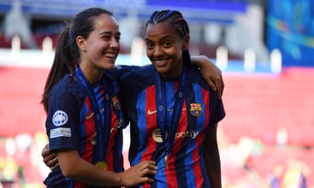 Geyse and Nuria Rabano (left) celebrate after the Women's Champions League final against Wolfsburg.